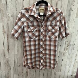 Wrangler Pearl Snap Brown Plaid Short Sleeve Western Cowboy Shirt Men’s Small